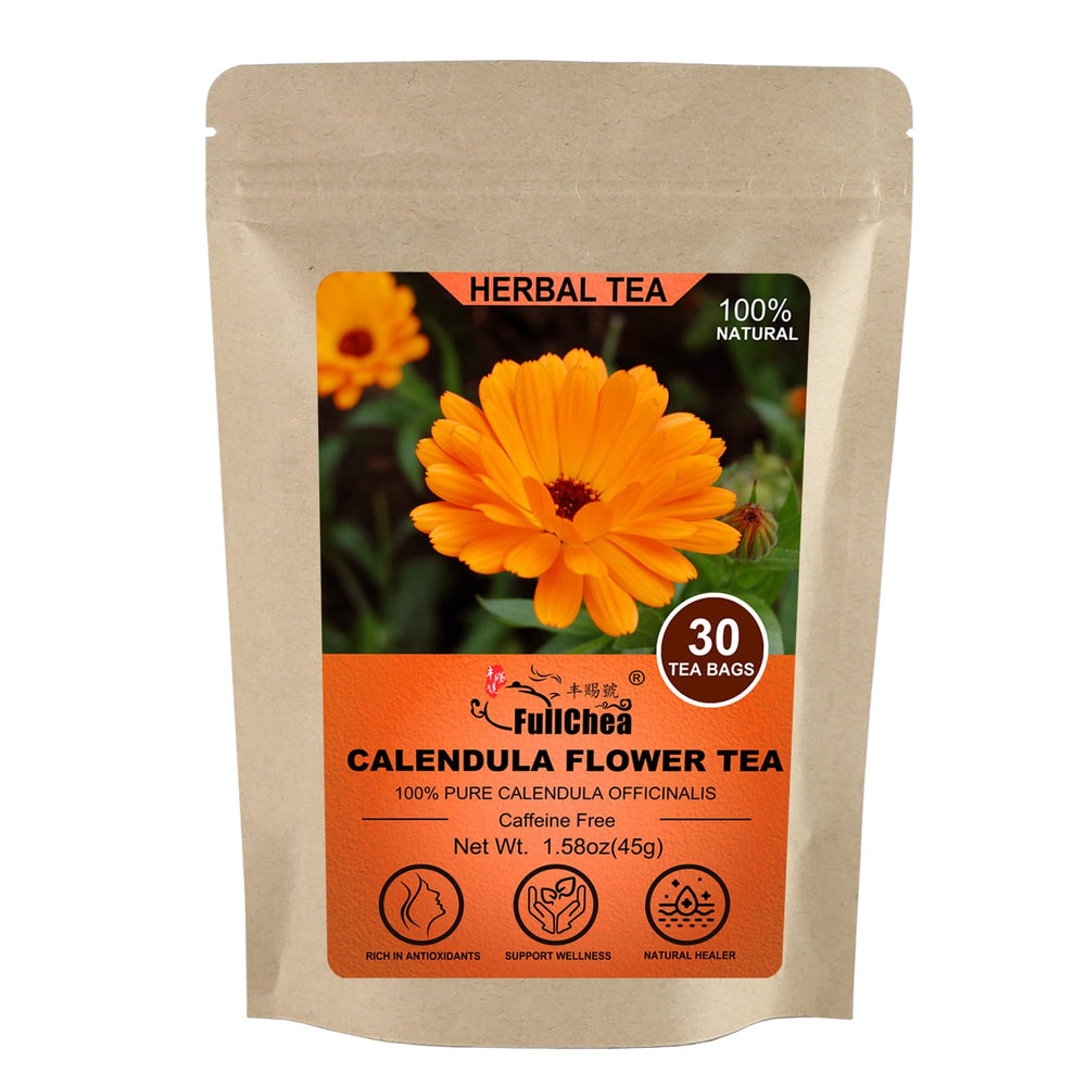FullChea calendula tea bag closeup shows pure ingredients for a gentle, soothing cup.