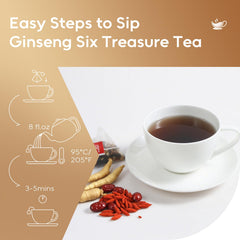 FullChea Ginseng Six Treasure Tea ingredients close-up show ginseng and goji.