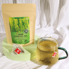 FullChea Horsetail Tea tea bag closeup highlighting fresh horsetail leaves for flavor.