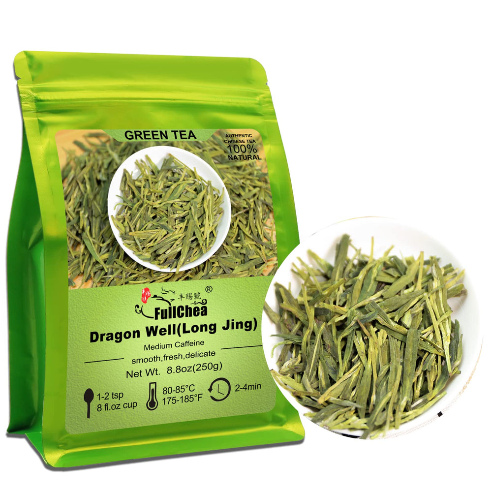 FullChea Longjing tea leaves show emerald green color for a fresh aroma.