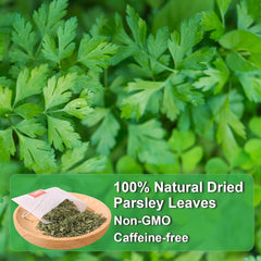 FullChea parsley tea bag steeping in cup for a comforting, caffeine-free brew.