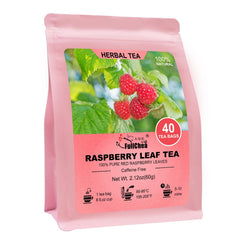 FullChea Raspberry Leaf Tea bag siting beside a steaming mug for cozy, herbal wellness.