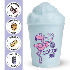 Fun Sweets blue cotton candy tub with minimalist label for versatile displays.