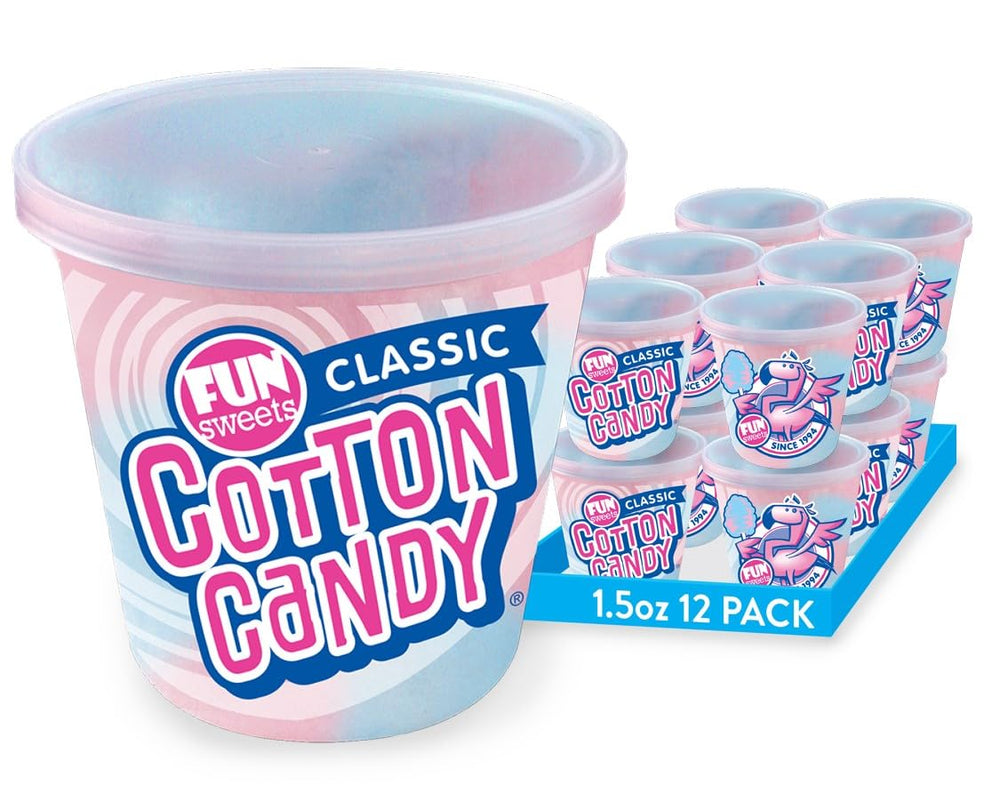 Fun Sweets 12-pack of blue raspberry and cherry swirl cotton candy tubs for party favors.