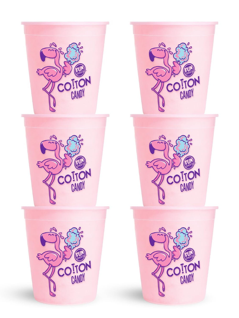 Fun Sweets Pink Cotton Candy 1.5 oz tub six-pack, easy sharing.