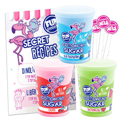 Fun Sweets cotton candy sugar three-flavor pack in tubs, ideal for home parties.