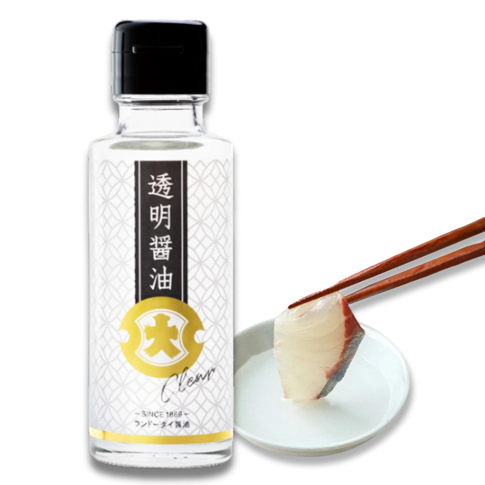 Fundodai EX Clear Soy Sauce bottle close-up, showing clarity that preserves dish colors.