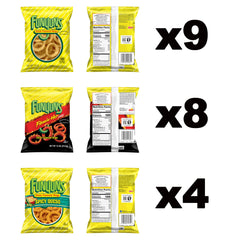 Funyuns Onion Rings Spicy Queso pack-21 product shot showcases cheesy, spicy flavor.
