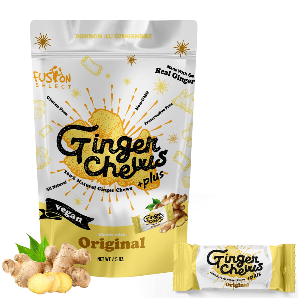 Fusion Select Original Ginger Chews bottle closeup with real ginger flavor for gentle relief