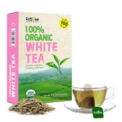 Fusion Select white tea packaging showcases organic quality for daily self-care.