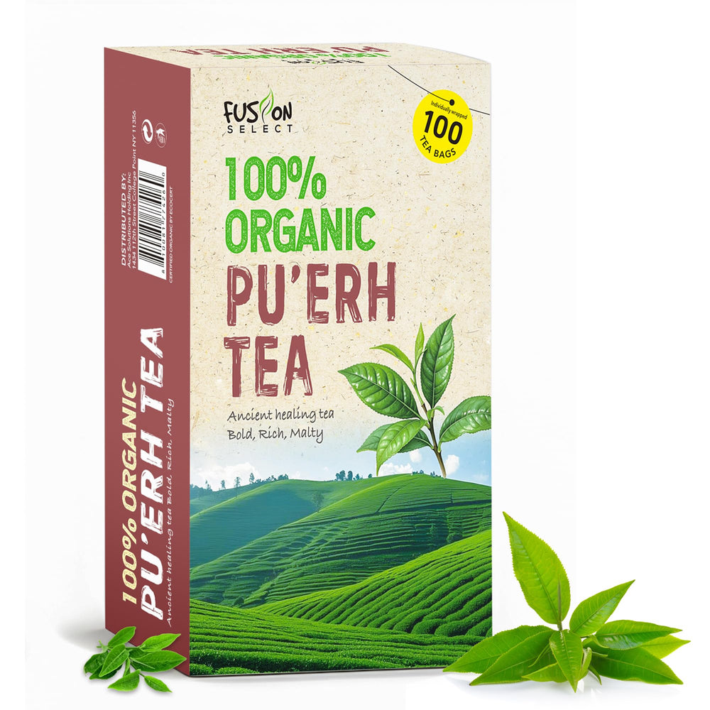 Fusion Select Pu'erh tea bag steeping for a calming cup.