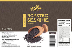 Fusion Select roasted black sesame seeds bottle close-up shows glossy seeds ready to sprinkle.