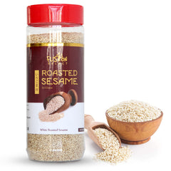 Fusion Select Roasted White Sesame Seeds pack shot for versatile kitchen flavor