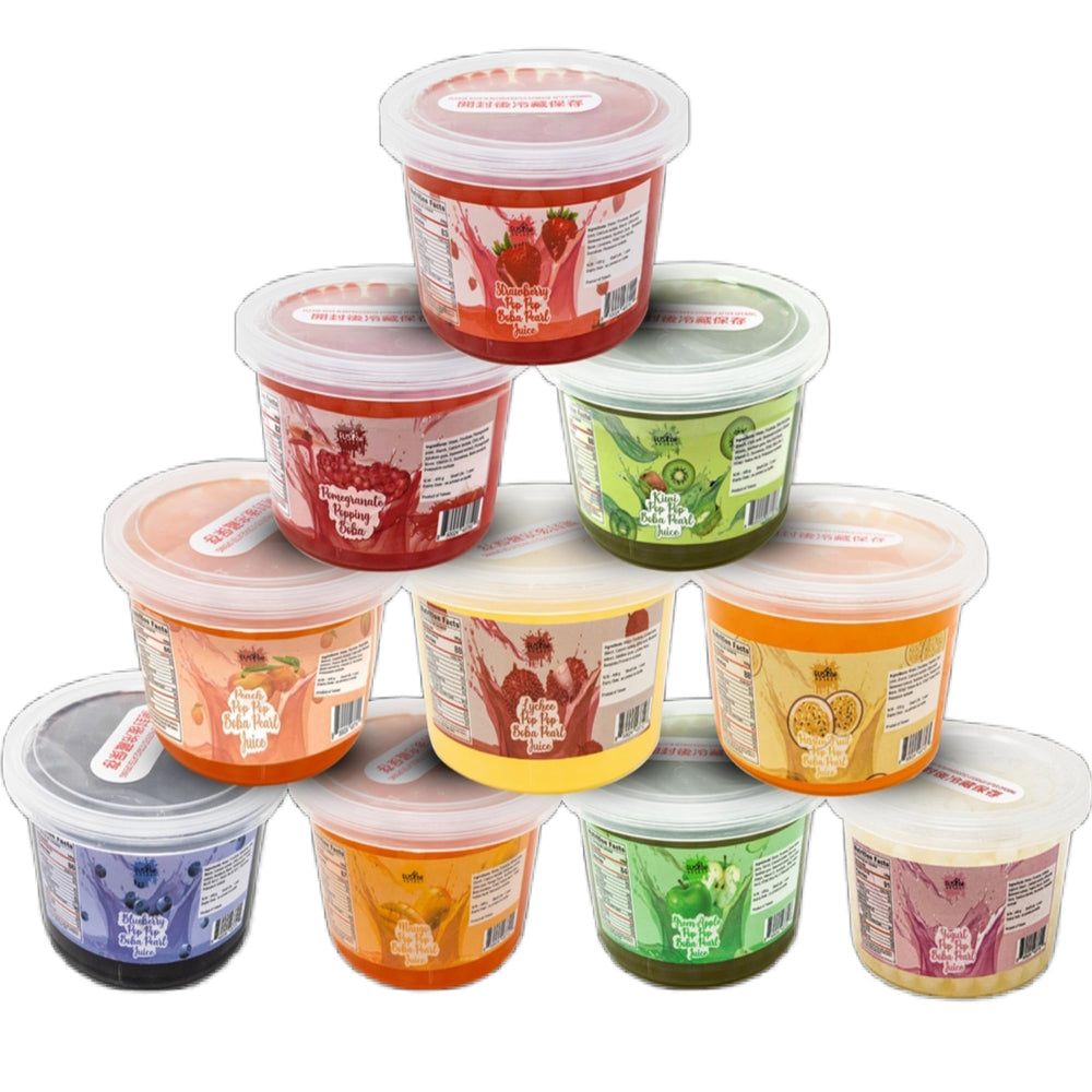 Fusion Select six flavors bursting bobaz pack shot highlights colorful toppings for tea.