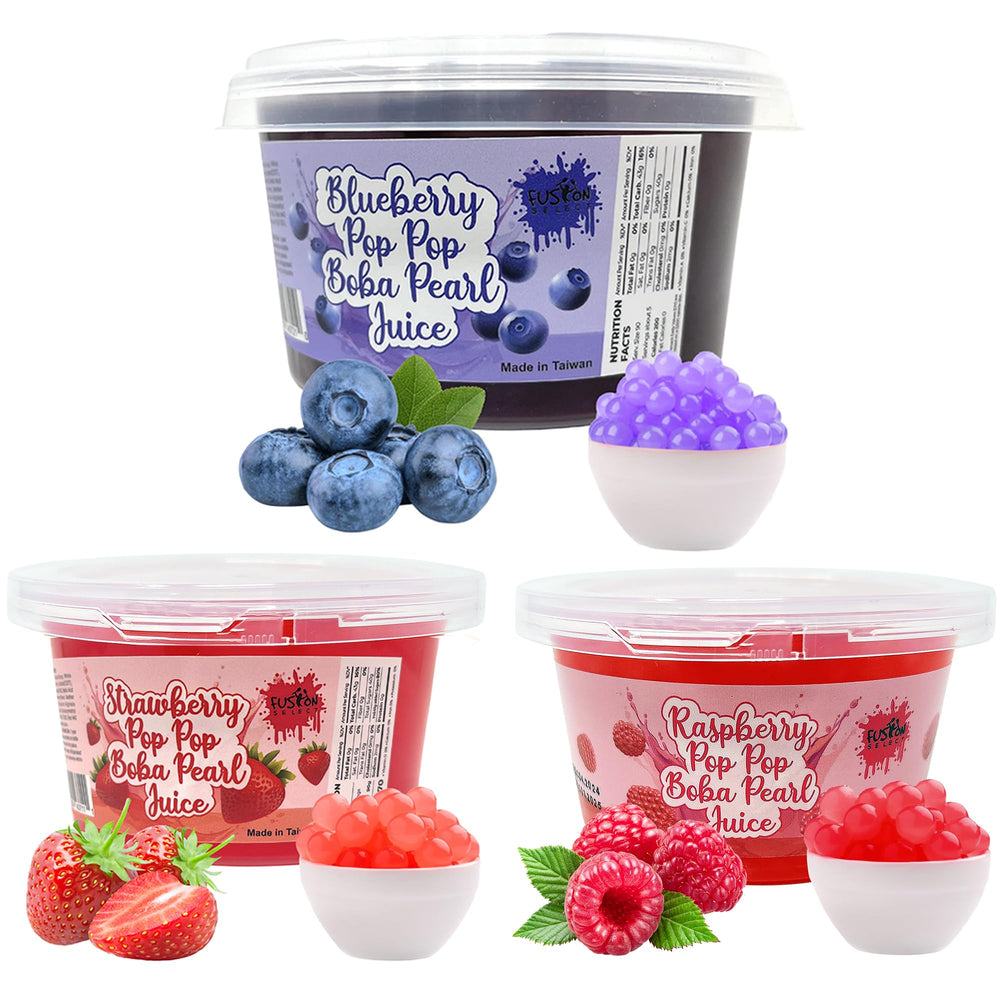 Fusion Select strawberry bursting boba pearls close-up, ideal tea topping