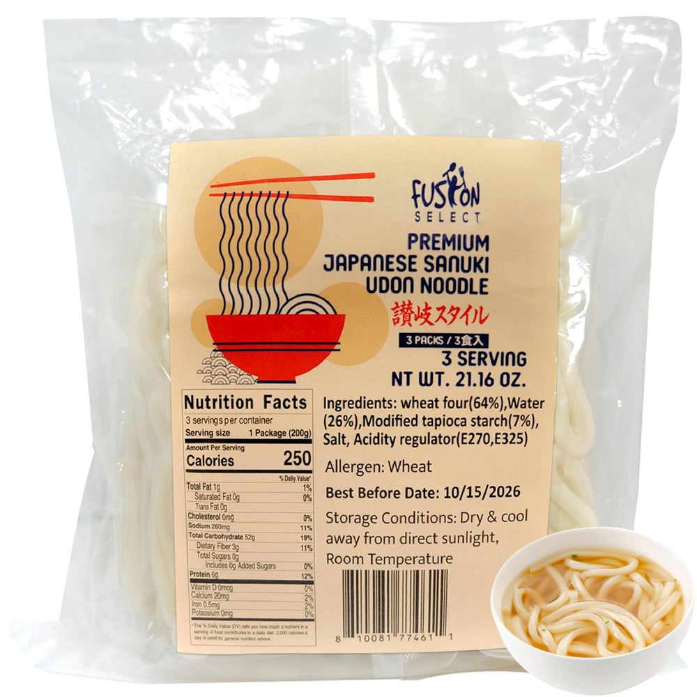 Fusion Select udon 3-pack packaging for easy pantry storage and quick meals.