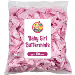 Fusion Sweets Baby Girl Buttermints in pink wrappers for shower favors and candy stations.