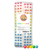 Fusion Sweets Candy Buttons Rainbow Strips on paper, vibrant fruit dots for treats