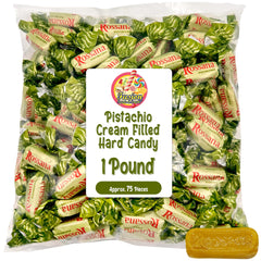 Close-up of creamy pistachio center in Rossana candy, highlighting texture.