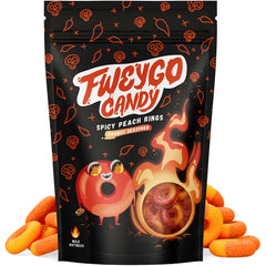 Fweygo peach rings with Tajin chamoy coating for bold flavor on the go