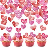 Fyeoxle edible heart toppers on cupcakes for Valentine’s Day display.