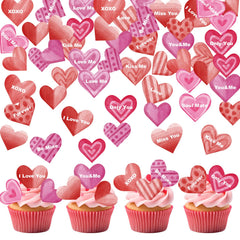 Fyeoxle edible heart toppers on cupcakes for Valentine’s Day display.