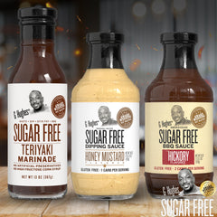G Hughes Gluten Free BBQ Sauces 3-Pack on a kitchen counter display