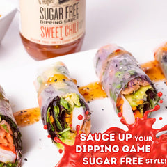 G Hughes sugar free sweet chili sauce pouring over wings for dipping