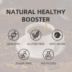 GANOHERB Reishi coffee serving with hot water highlights no sugar formula.