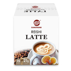 GANOHERB Reishi Latte Coffee packaging showing 15 convenient sachets for daily use.