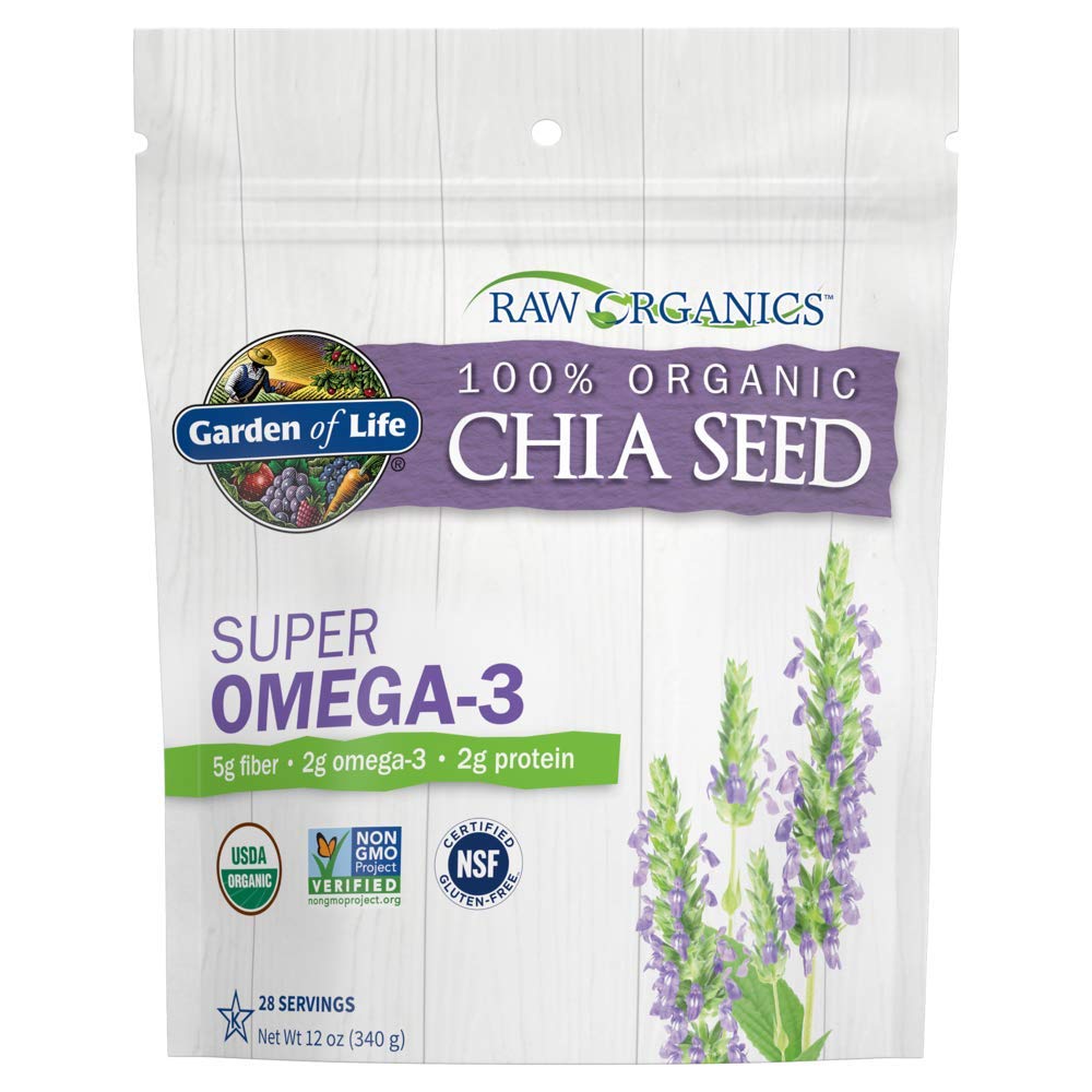 Garden of Life chia seeds in organic bag provide fiber-rich mornings.