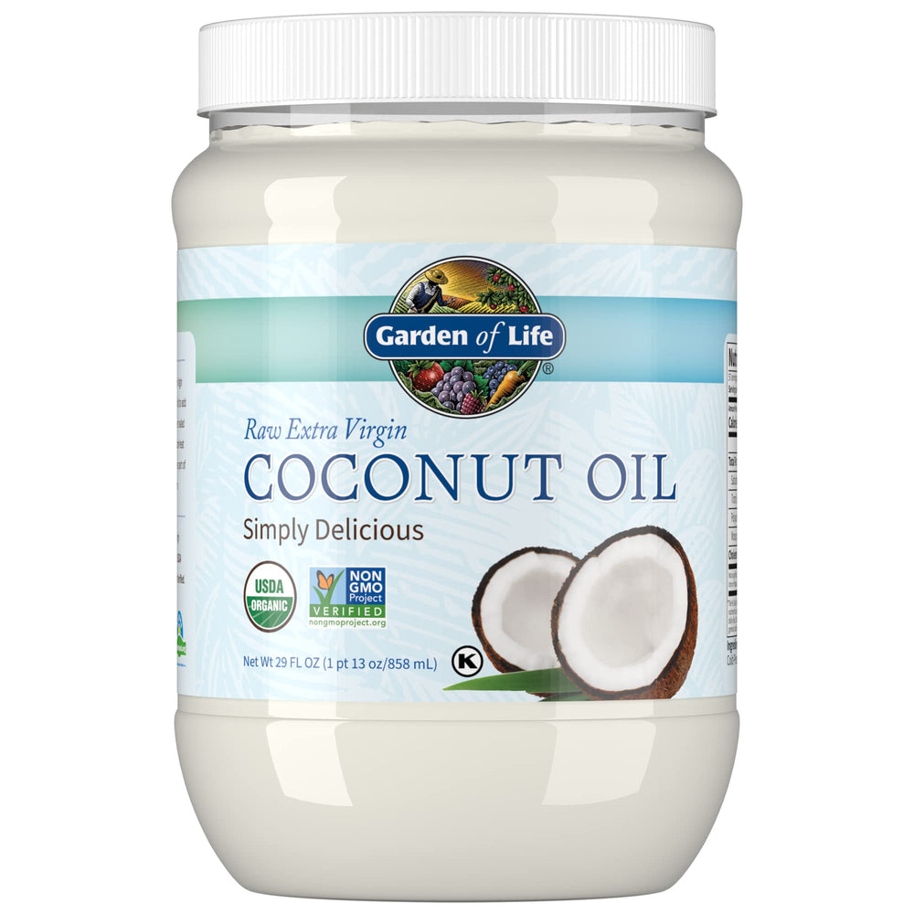 Garden of Life coconut oil bottle pouring for cooking and skin care