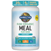Garden of Life meal replacement shake canister, high-protein plant-based nutrition for busy days.