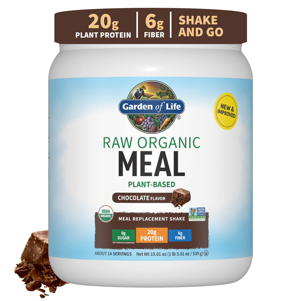 Garden of Life Meal Replacement Shakes chocolate powder in a resealable bag for a protein-packed meal.