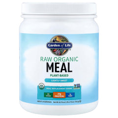 Garden of Life Raw Organic Meal shake in a glass with scoop, convenient daily protein.