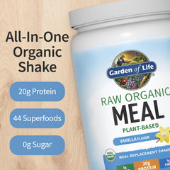 Garden of Life Raw Organic Meal shake in glass with creamy vanilla texture