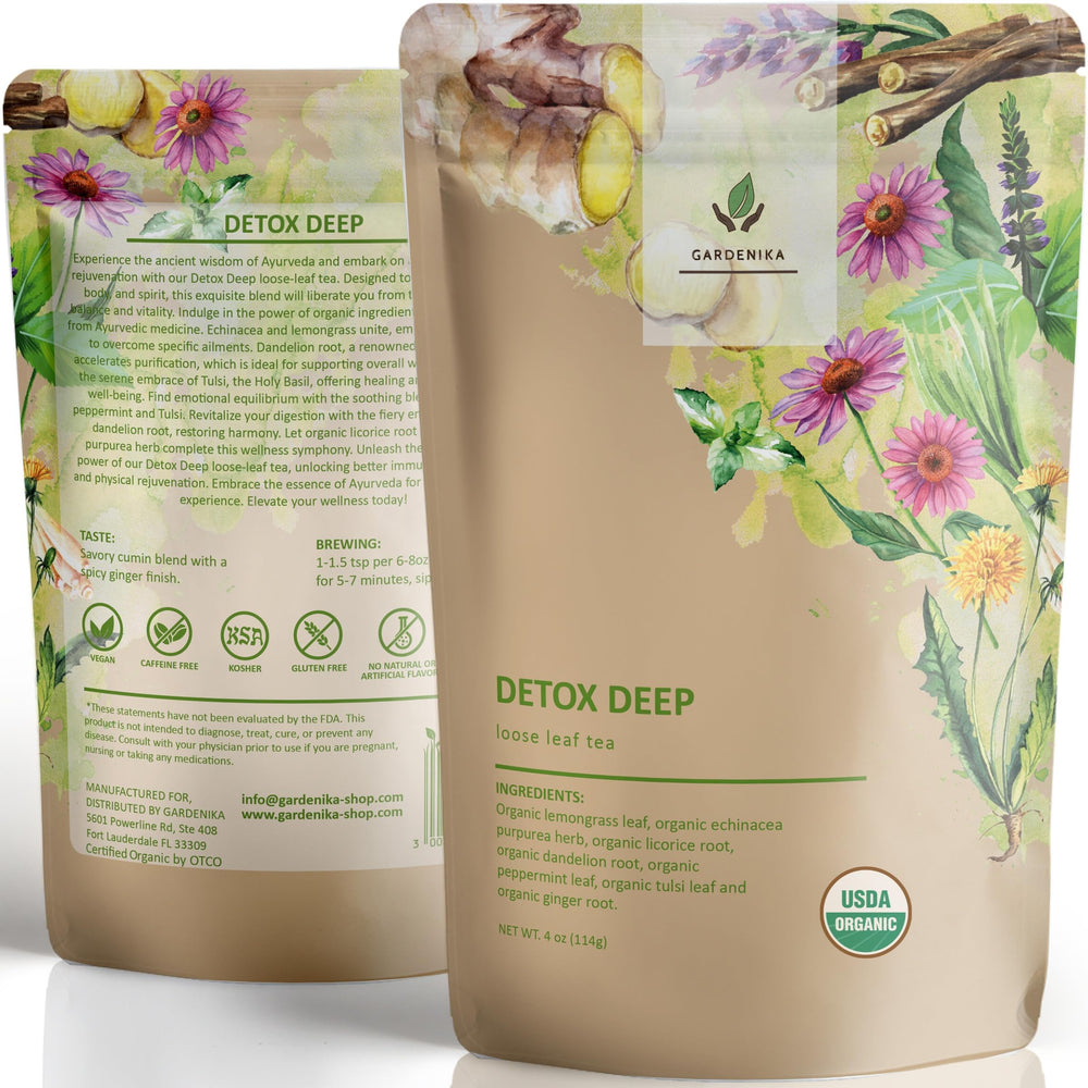 Gardenika Organic Dandelion Root Detox Tea packaging showing premium loose-leaf blend