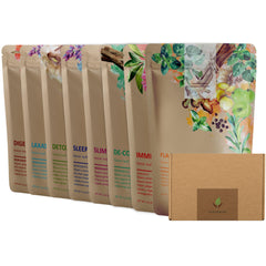 Gardenika organic loose leaf tea sampler with eight varieties for caffeine-free daily enjoyment.