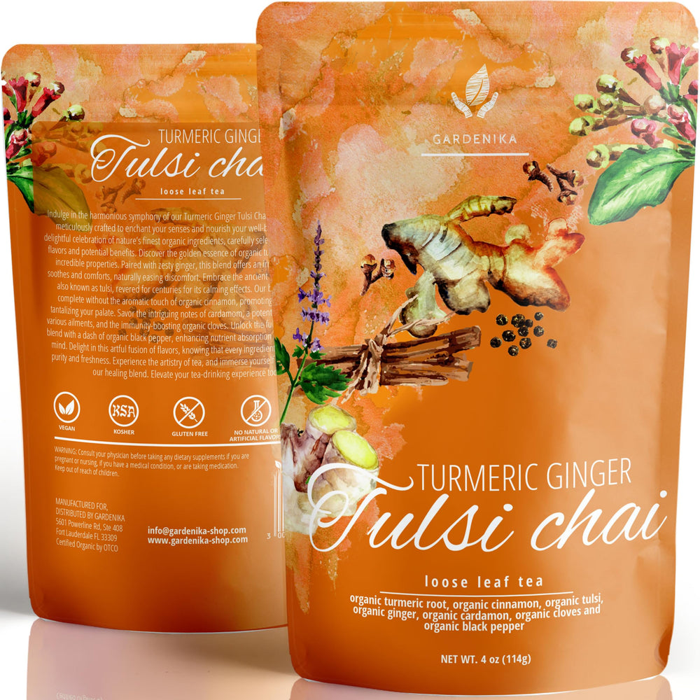 Gardenika Organic Turmeric Ginger Tulsi Tea loose leaf for daily balance