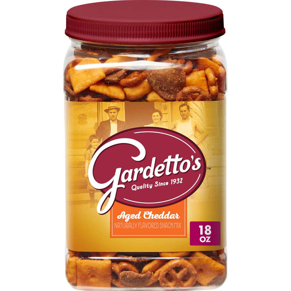 Gardetto's Aged Cheddar Snack Mix tub poured for sharing at parties