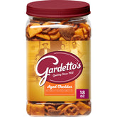 Gardetto's Aged Cheddar Snack Mix tub poured for sharing at parties