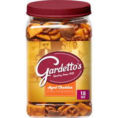 Gardetto's Aged Cheddar Snack Mix tub poured for sharing at parties