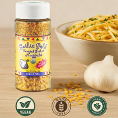 Garlic Gold Toasted Nuggets on toasted bread topping for aroma.