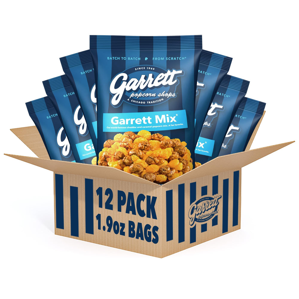 Garrett Popcorn Mix front-view snack bag for on-the-go tasting.
