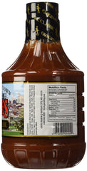 Gates Barbecue Sauce being poured over smoky ribs for flavor.