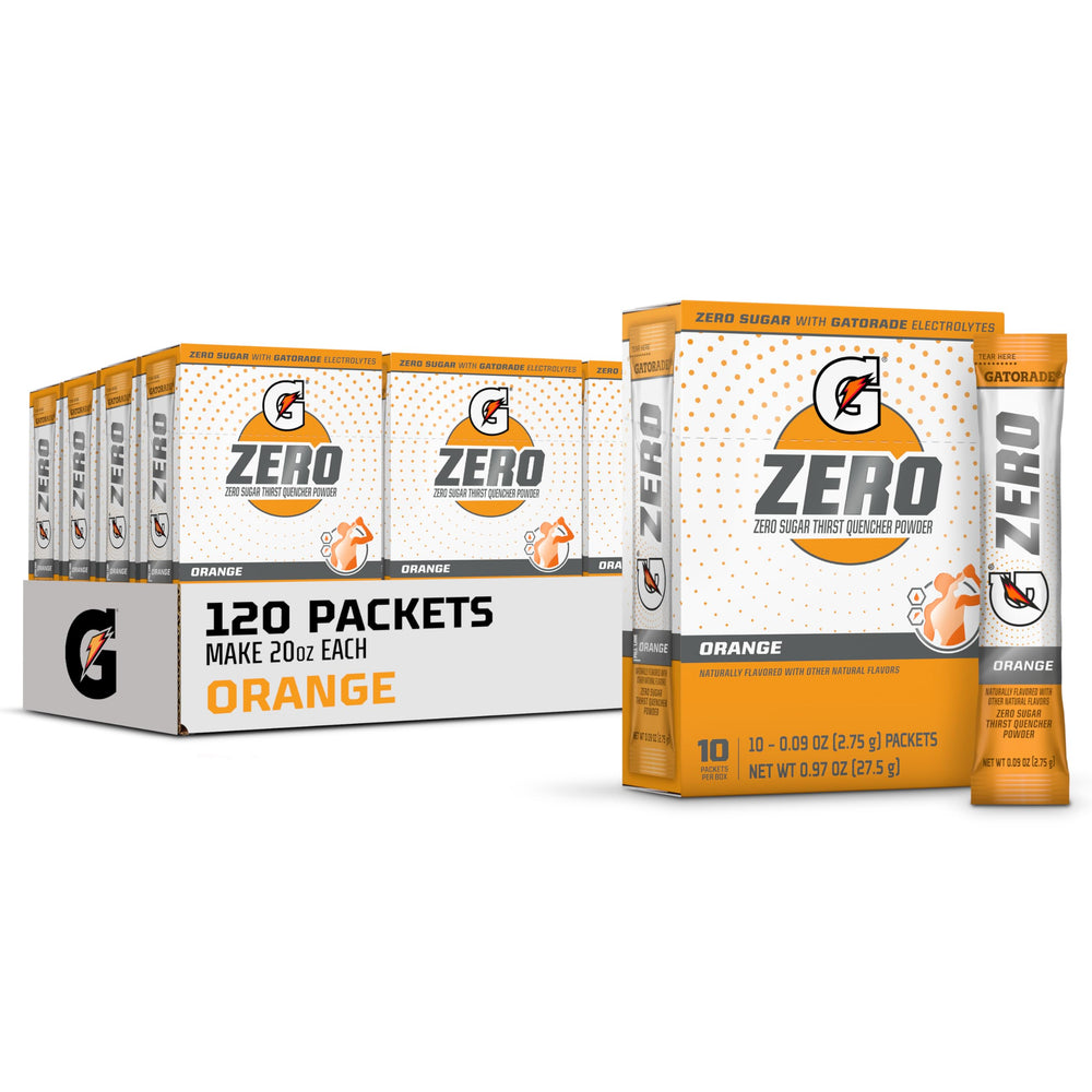 Gatorade G Zero Orange boxes on shelf showing zero sugar hydration option.