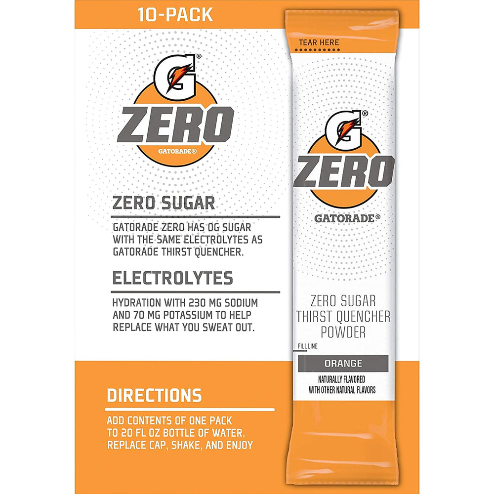 Gatorade G Zero orange powder sticks packaging for zero-sugar hydration on the go