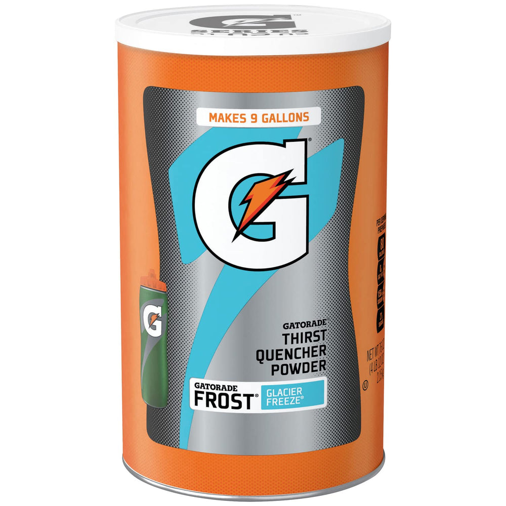 Gatorade Thirst Quencher Powder Frost Glacier Freeze tub close-up for quick hydration after workouts.