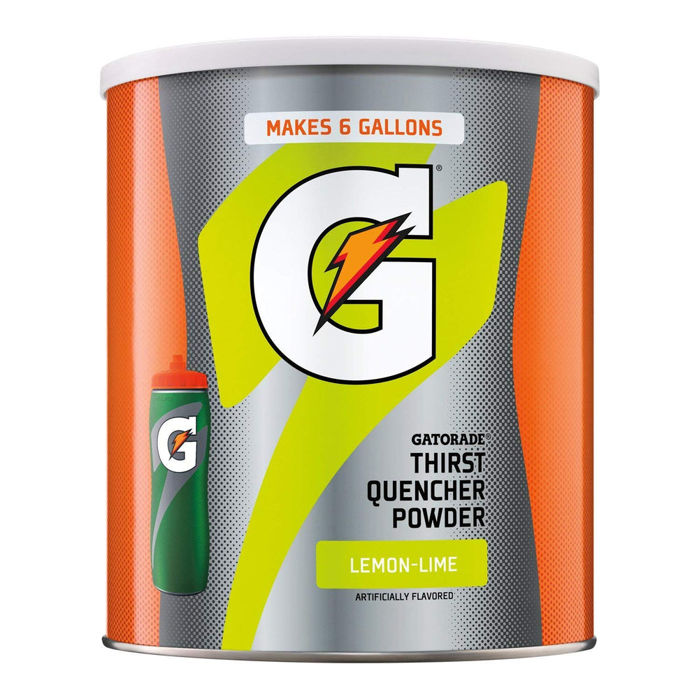 Gatorade Thirst Quencher Lemon-Lime canisters are shown on a shelf, offering electrolyte hydration.