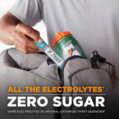 Box of twelve Gatorade G Zero Lemon Lime packets on gym bag